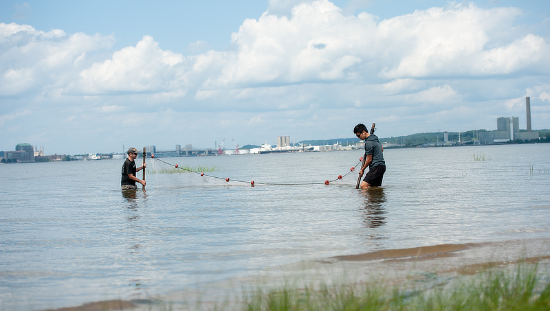 Dr. Christian Conroy and a graduate student sampling in Long Island Sound.