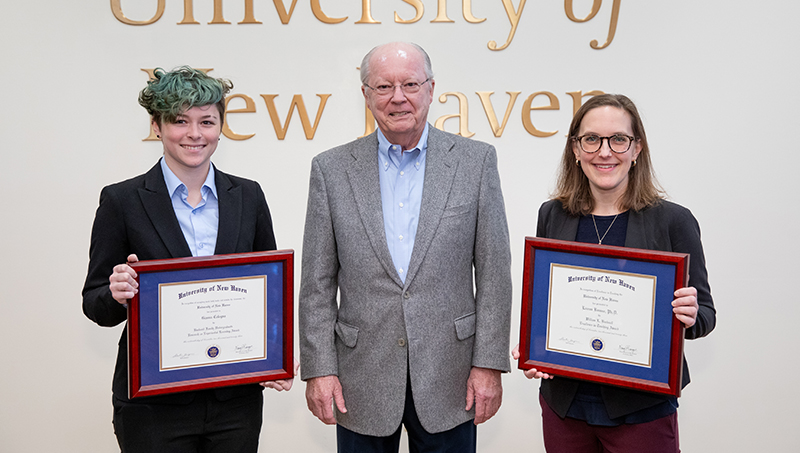 Left to right: Gianna Cologna ’25, ’26 M.S.; William L. Bucknall Jr. ’63, ’65, ’08 Hon.; and Lauren Boasso, Ph.D.