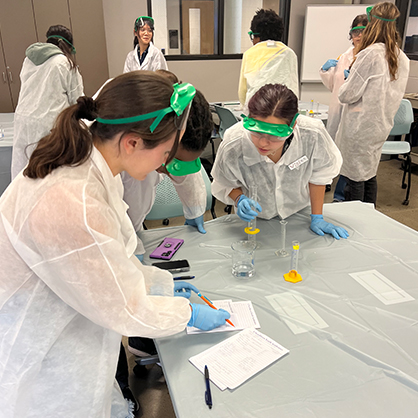 Students gathered around lab equipment.