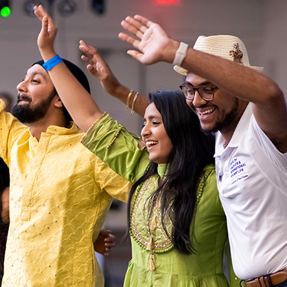 Left to right: Yashpreet Malhotra ’23 M.S., Amna Jalali ’23 M.S., and Jason Howell.