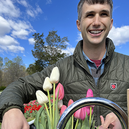 Jeff Hunt visiting a tulip farm.