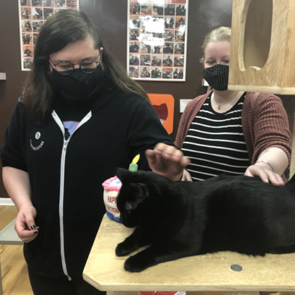 Josh Carbajal ’18, ’20 M.A. (left) with his roommate Vicki when they adopted their cat Edith.