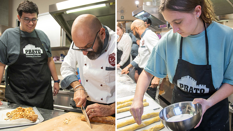 Tom Woods ’23 (left) learns how to cut biscotti while Sarah-Jayne Sellers ’24 (right) prepares dough.