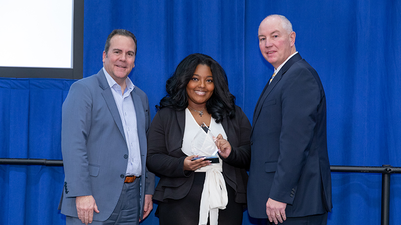 Left to right: Sheahon Zenger, Ph.D.; Peri Alexander ’23; and Gregory Eichhorn, MBA, vice president for enrollment and student success.