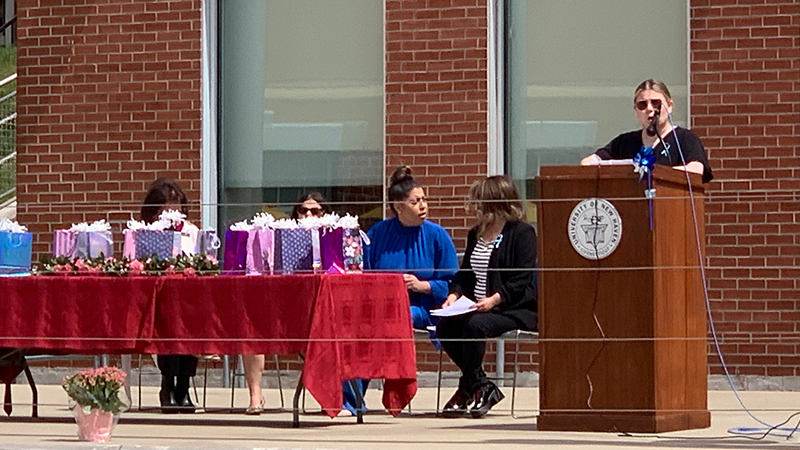 Harley DeMatties ’22 speaks during the event.