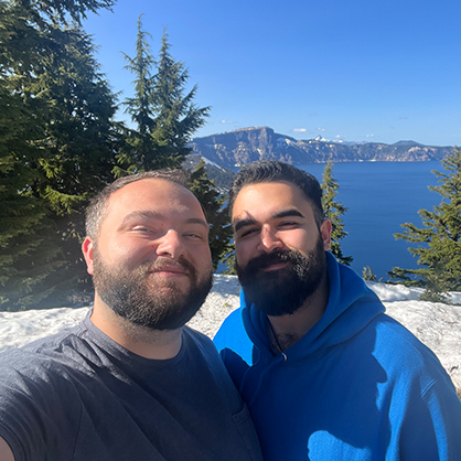 Noah Swatt ’22 (left) and his partner Gabe at Crater Lake National Park in Oregon.