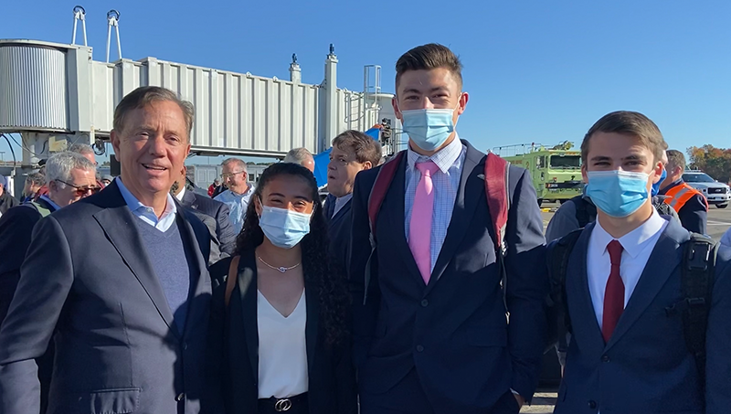 Left to right: Governor Ned Lamont, Gabriela Garcia-Perez ’24, Andrew Bianco ’23, and Brendan Shamas ’23. (photo courtesy of Gabriela Garcia-Perez ’24)