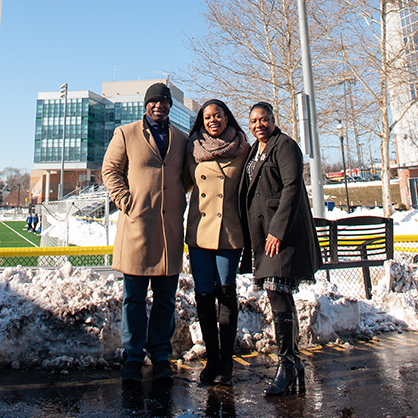 Image of Jamaal Bowman ’99, Ariana Eastwood ’23, and Dr. Ophelie Rowe-Allen, from left to right