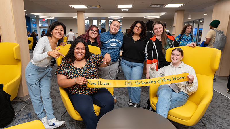 Darby Brown '25 and fellow students in new Commuter Lounge