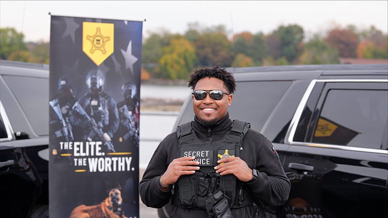 Jahir Blanton ’18, ’19 M.S. was charged up to meet with students at the career fair. 