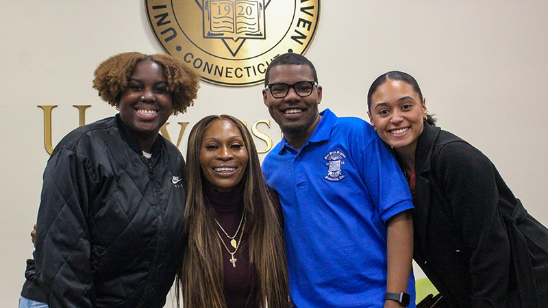 Dominique Jackson (second from left) connected with Chargers before and after her talk. 