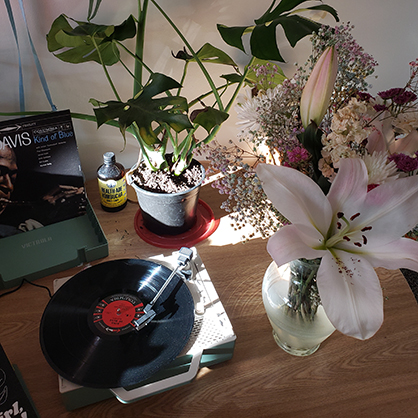 Music and plants enhance Beatrice Glaviano’s space.