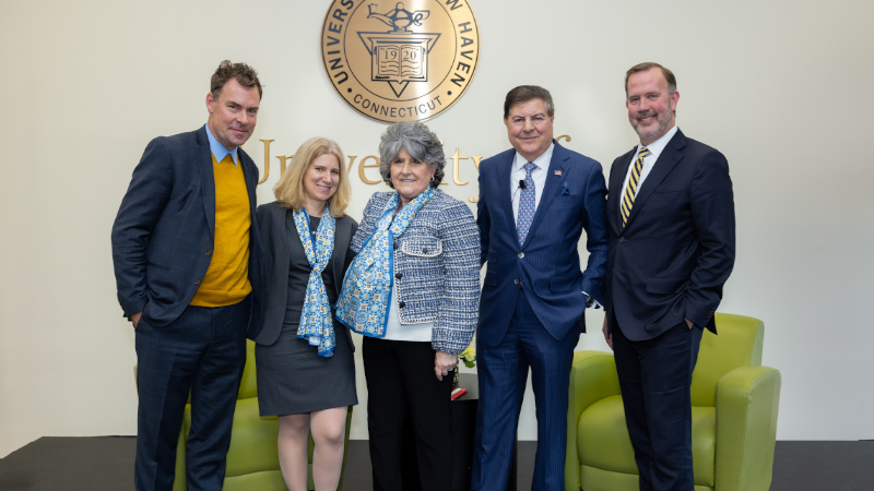 (from left to right) President Jens Frederiksen, Provost Nancy Savage, Marisa Martire, Frank Martire '77 MBA, and Dean Brian Kench (Pompea College of Business)